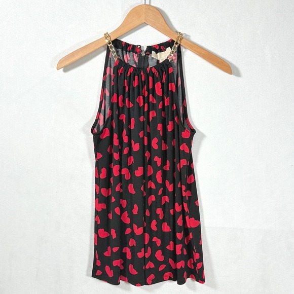 Michael Kors Top M Black & Red Heart Print Halter Gold Chain Accent Sleeveless - Picture 1 of 6
